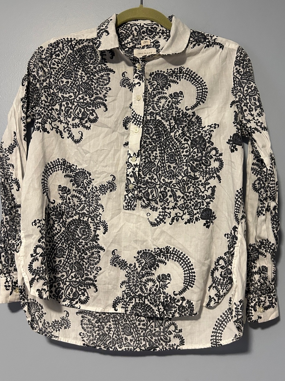 LOFT White Tunic with Black Paisley Print Softened S